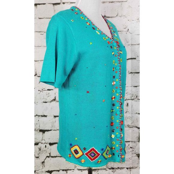 VINTAGE Embroidered Beaded Knit Sweater Southwestern Cardigan Unique Boho MED - Picture 4 of 11
